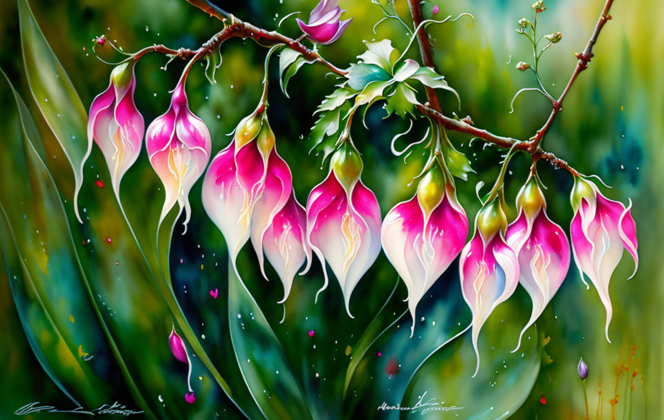 Delicate pink and white hanging flowers in vibrant painting