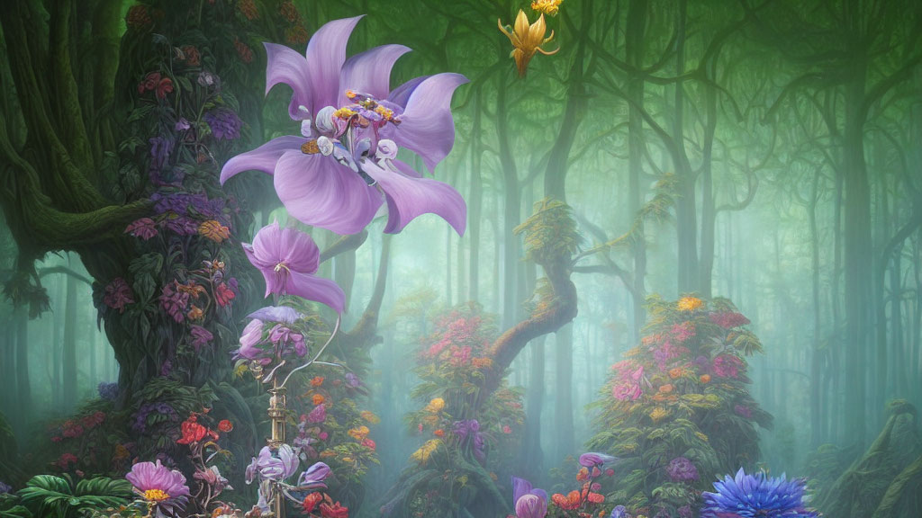 Enchanted forest with oversized colorful flowers and misty ambiance