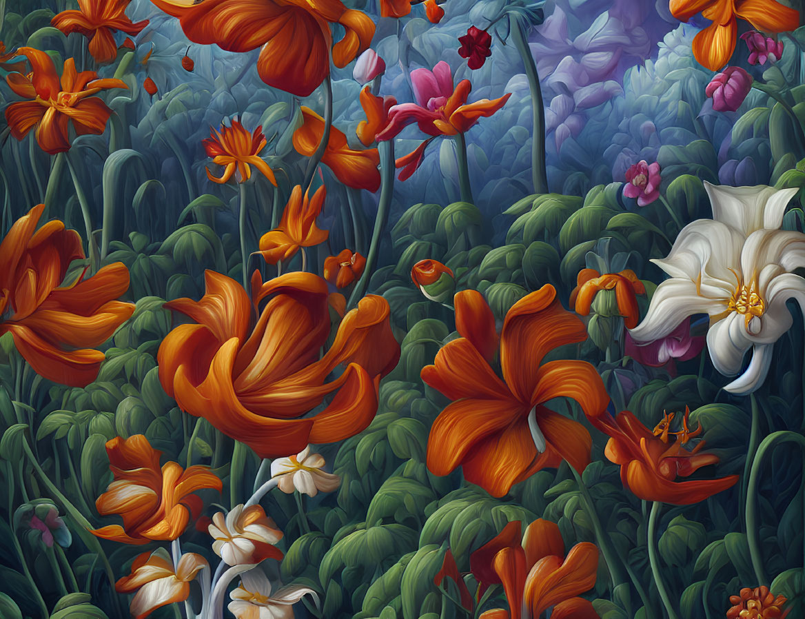 Detailed digital illustration of flourishing garden with orange and white flowers