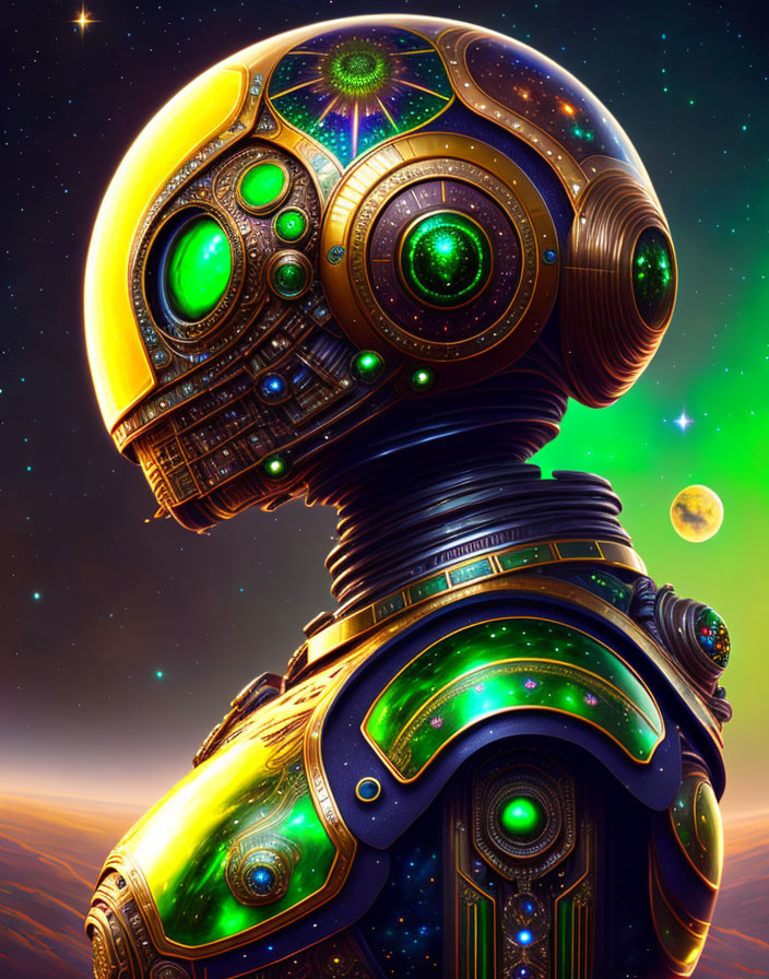 Stylized robot digital art with glowing lights and cosmic background