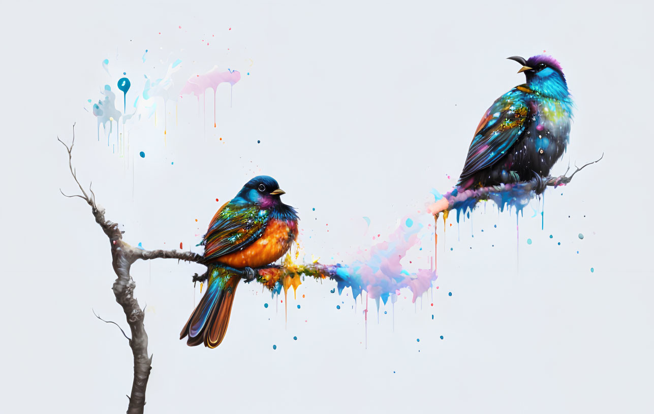 Colorful Birds with Splatter Paint Effect Perched on Branches