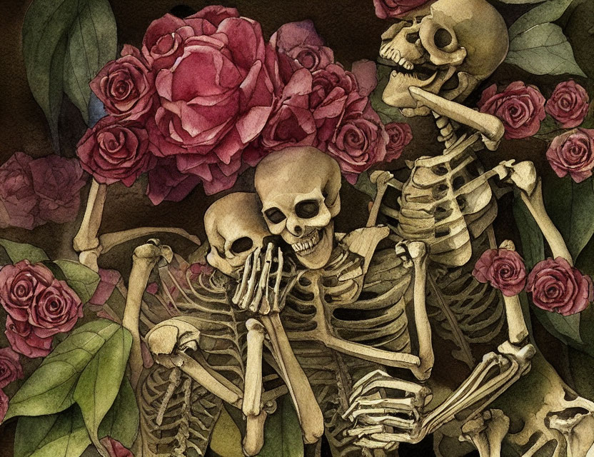 Skeletons Embracing Among Pink Roses on Earth-Toned Background