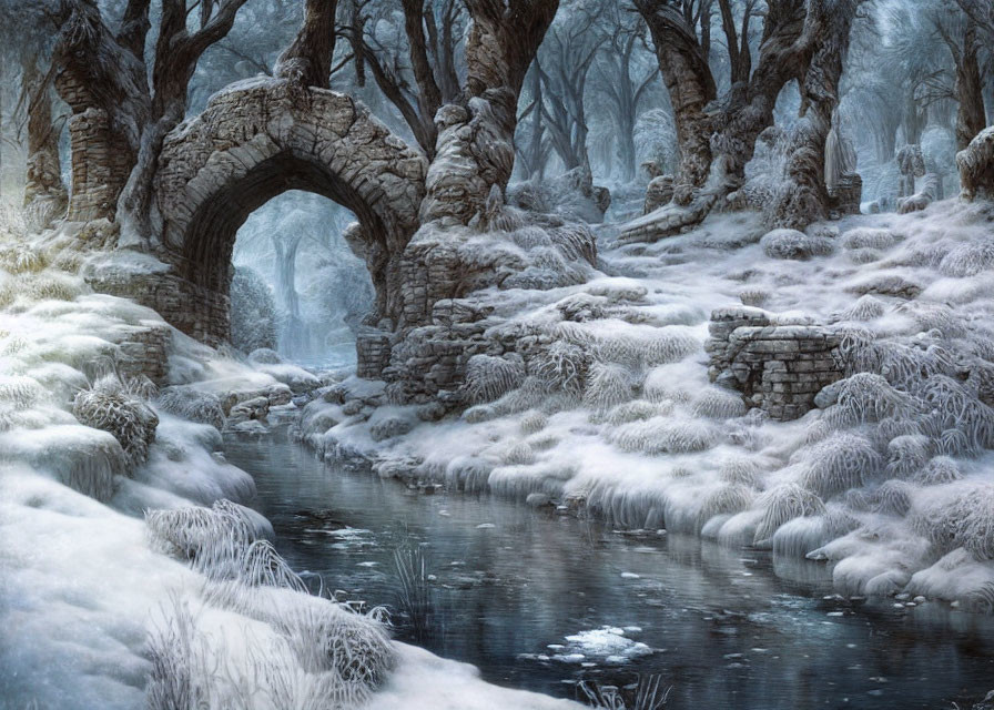 Snow-covered forest with ancient stone bridge over tranquil stream