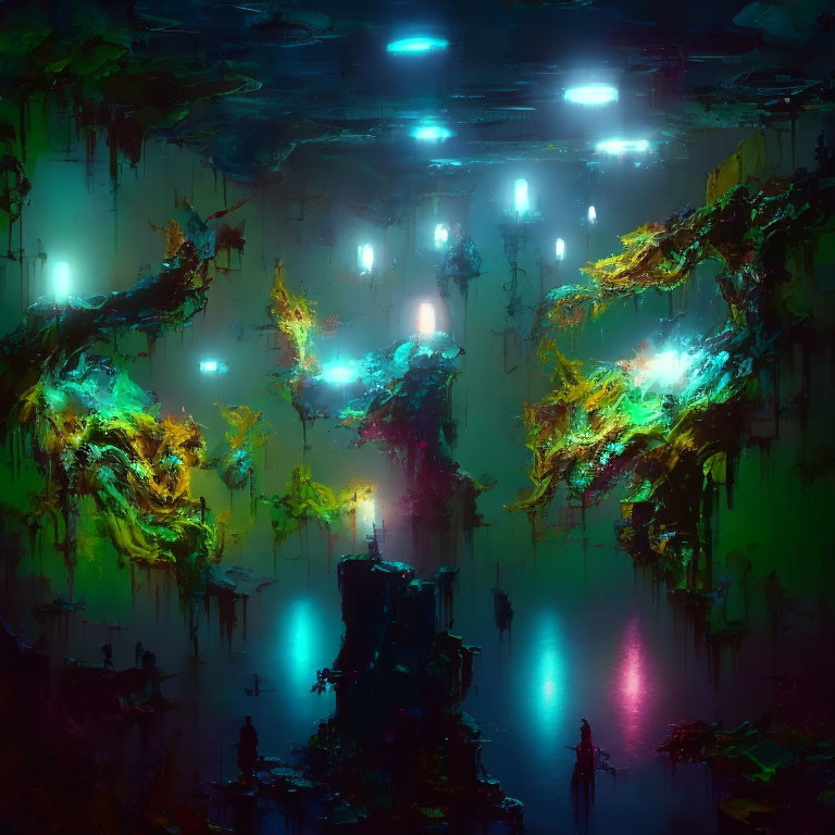 Underwater Scene with Floating Islands and Bioluminescent Flora