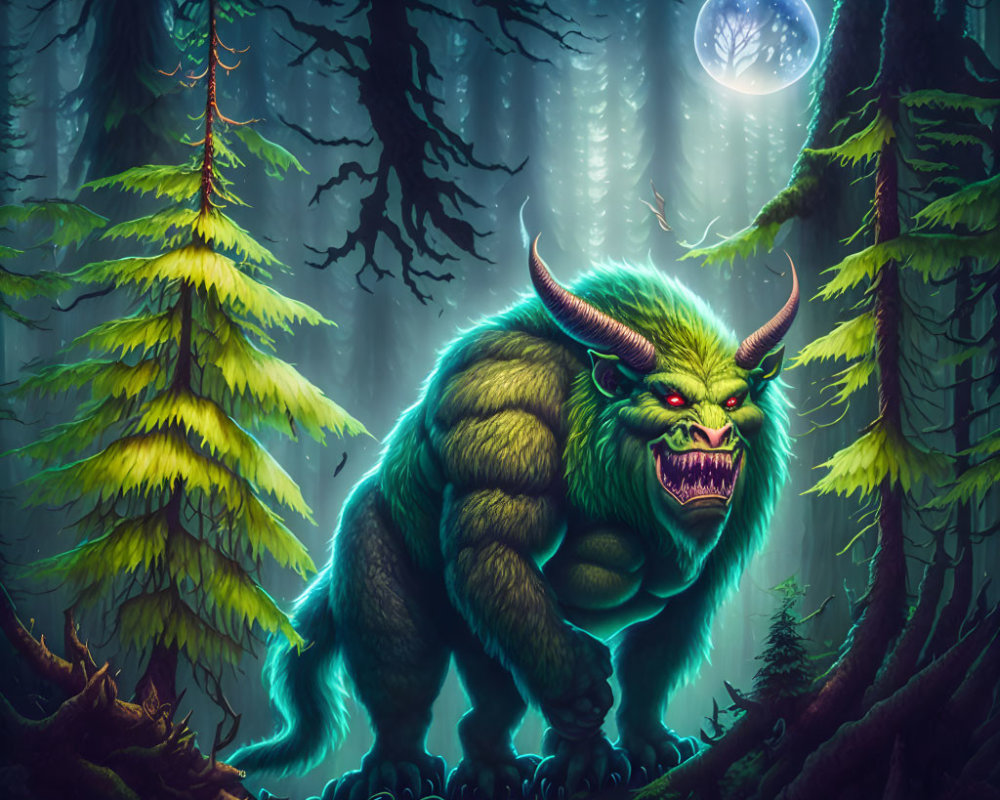 Green beast with fangs and horns in mystical forest under full moon