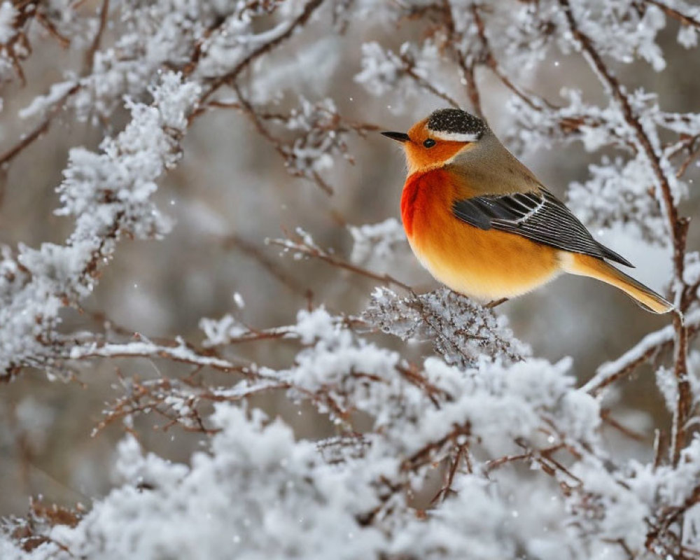 Colorful bird perched on frost-covered branch in snowy scene