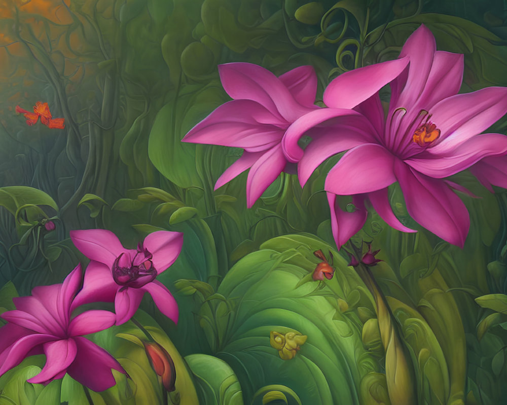 Colorful digital artwork: Purple flowers in lush green jungle with orange butterfly