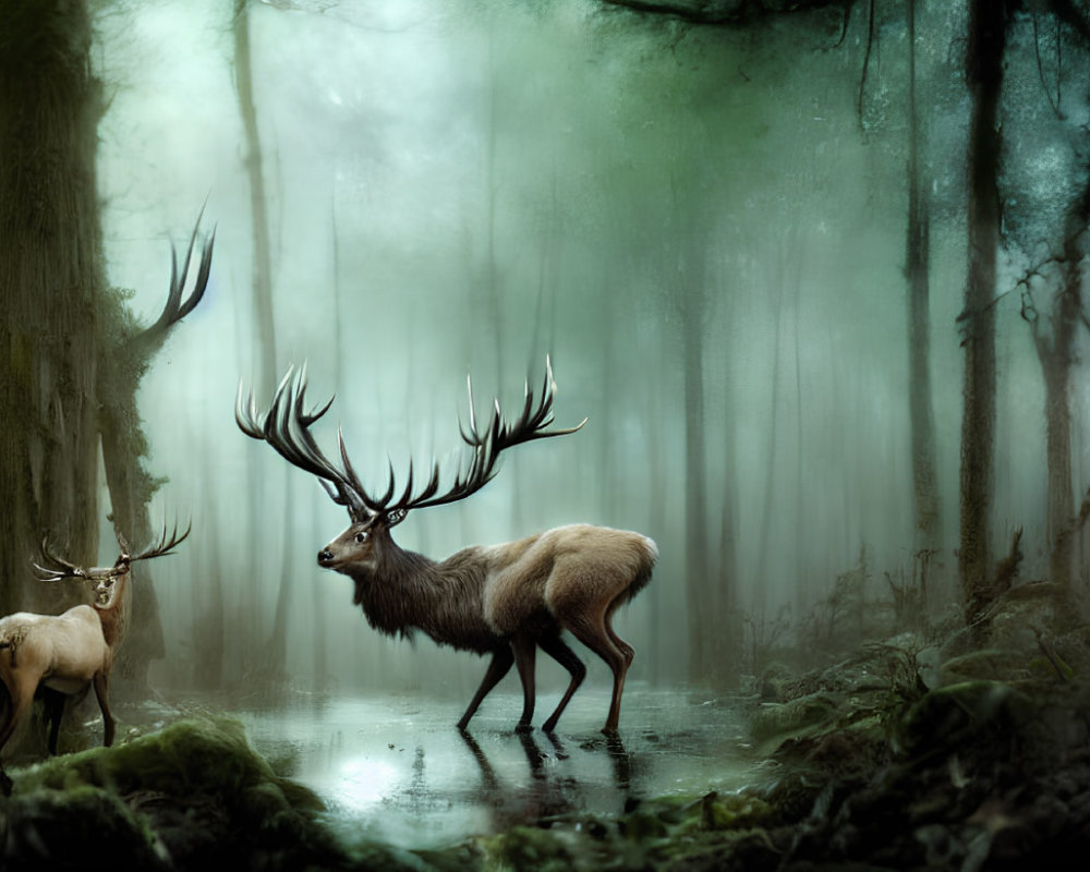 Majestic stags in misty forest with reflective water