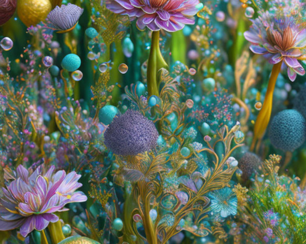 Colorful underwater scene with flower-like organisms and coral textures