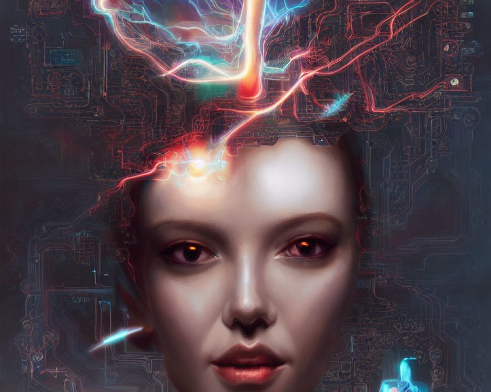 Digital Artwork: Woman's Face Merging with Circuit Board and Neon Lines