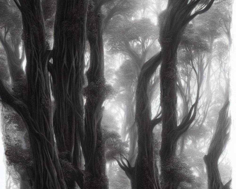 Ethereal Black and White Forest with Towering Trees and Red Mushrooms