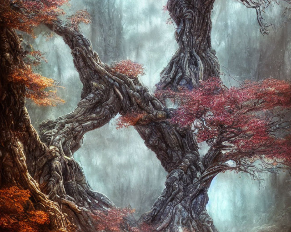 Ethereal forest scene with twisted ancient trees and crimson leaves.