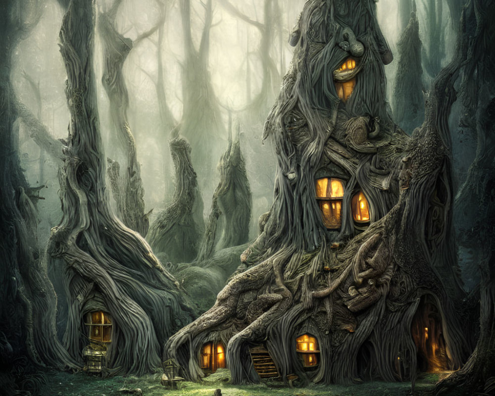 Mystical treehouse in enchanted forest with glowing windows