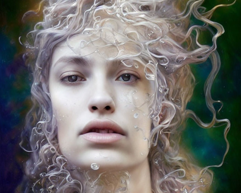 Portrait of Woman with Curly Hair on Multicolored Background