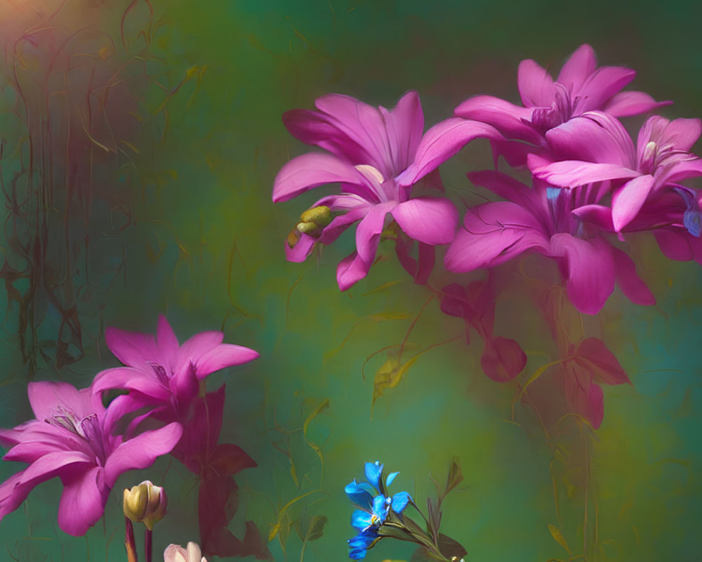 Colorful painting of pink lilies and blue flowers on green background