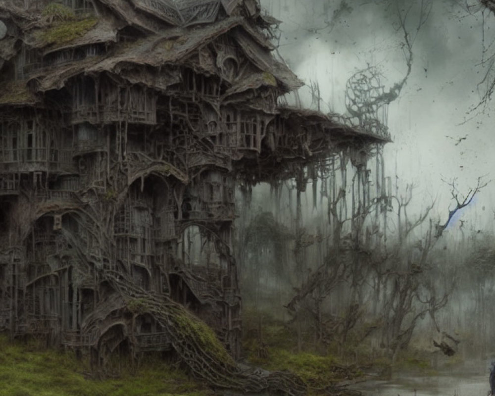 Abandoned wooden house in swampy landscape with foggy ambiance