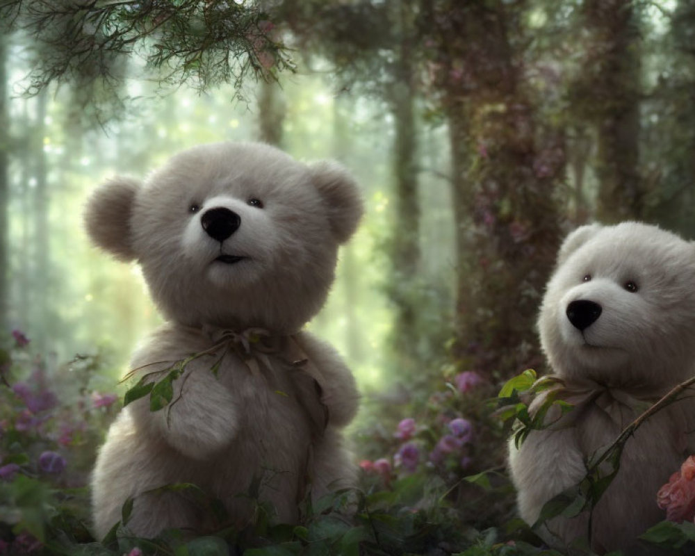 Pair of plush teddy bears in sunny forest with flowers