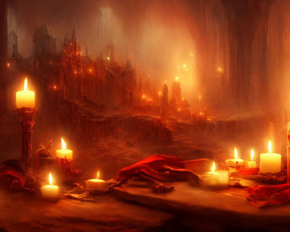 Gothic chamber with candlelight, red cloth, and rocky surfaces