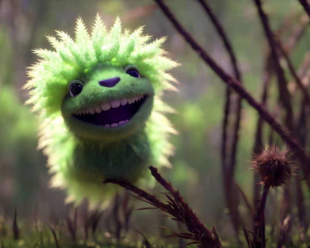 Cheerful fluffy green creature with wide eyes and large smile in forest foliage