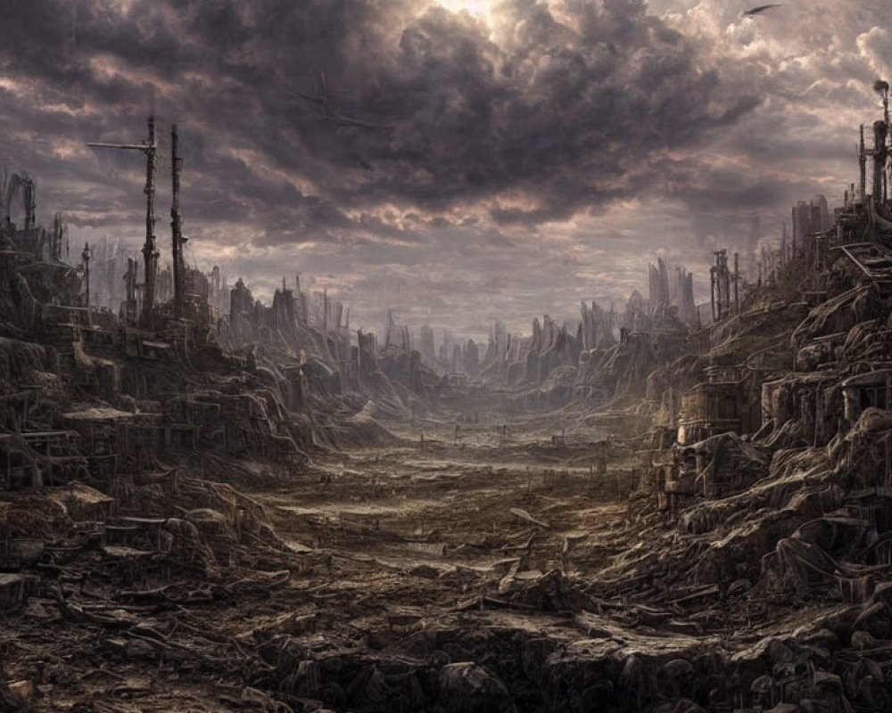 Desolate dystopian landscape with ruins and dark clouds