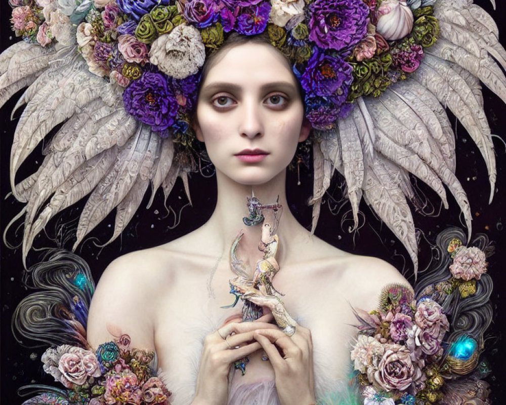 Surreal portrait of person with pale skin, dark eyes, floral crown, wings, and mythical