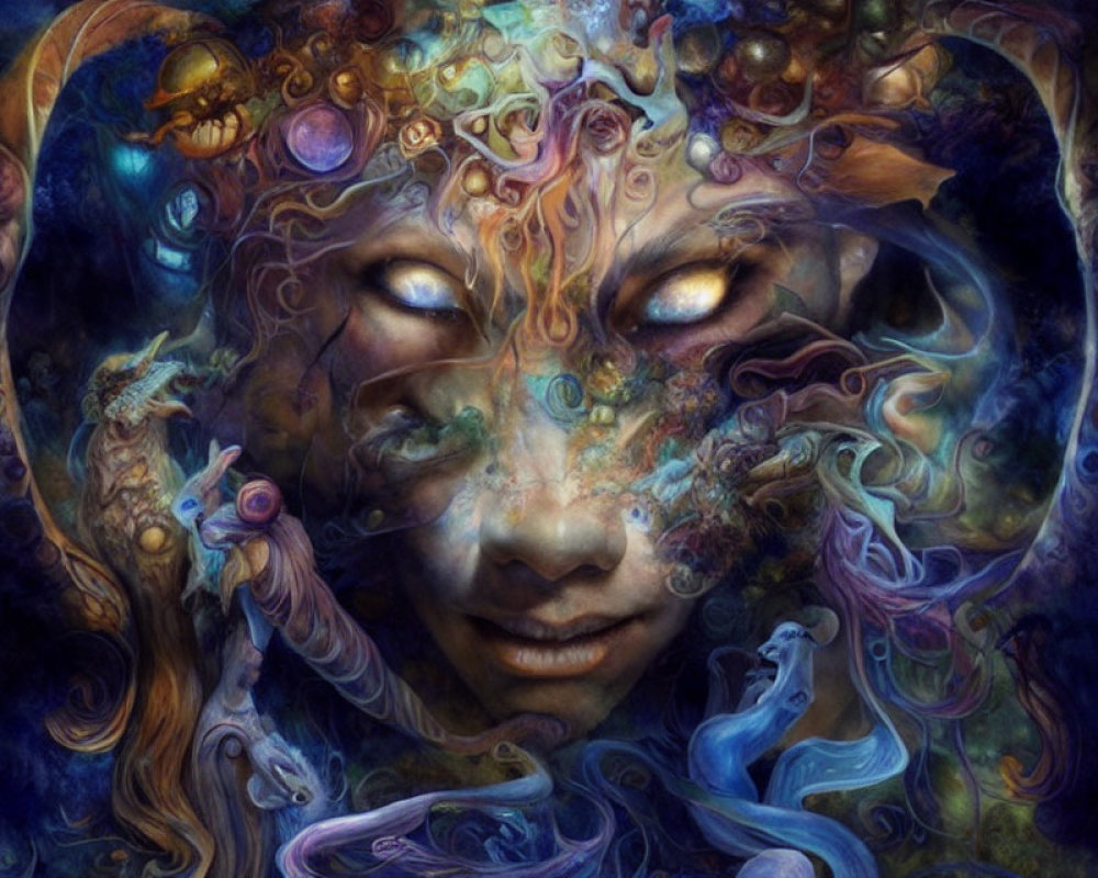 Surreal and vibrant artwork of mystical face with closed eyes