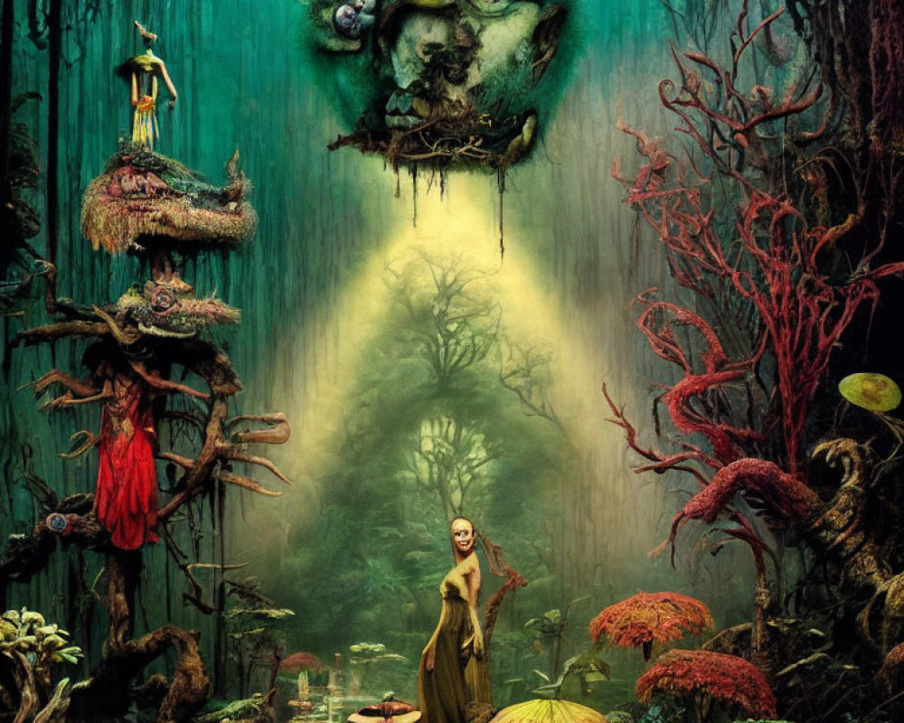 Vibrant surreal forest scene with woman, imposing faces, and fantastical creatures