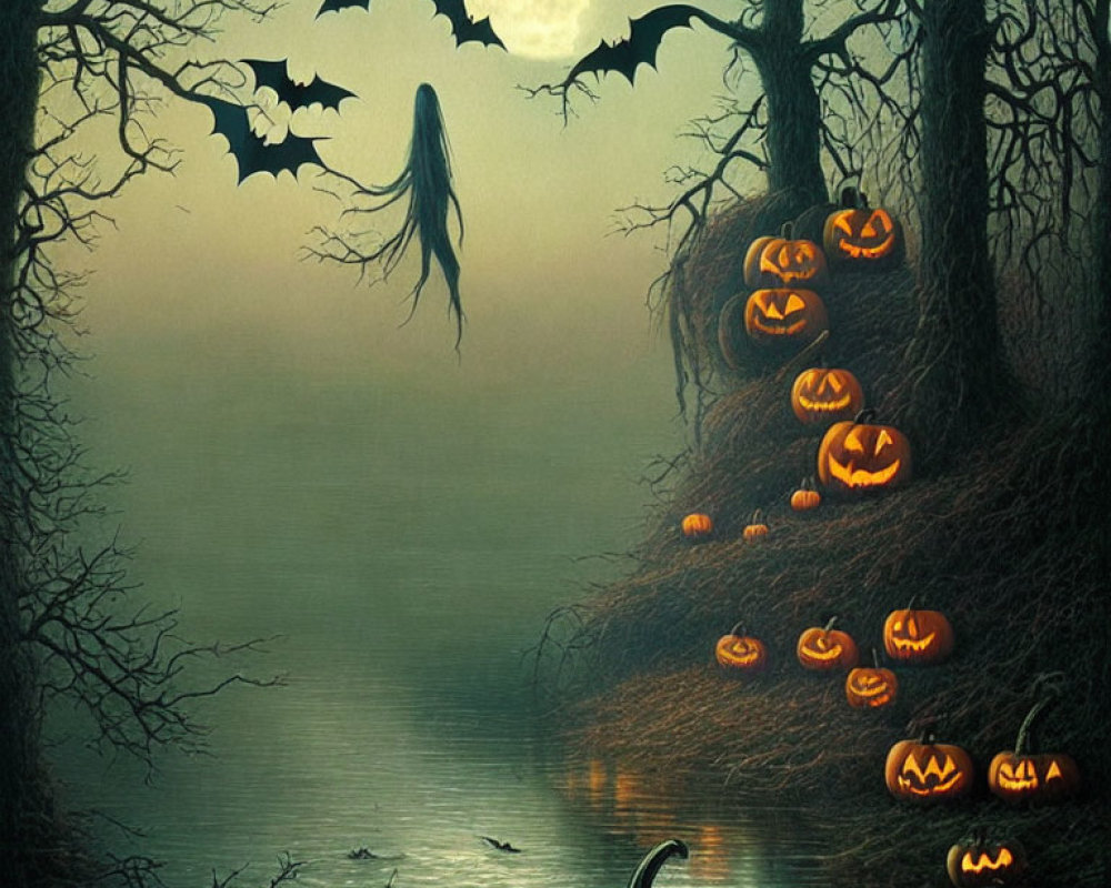 Eerie Halloween scene with jack-o'-lanterns, bats, full moon, shadowy figure