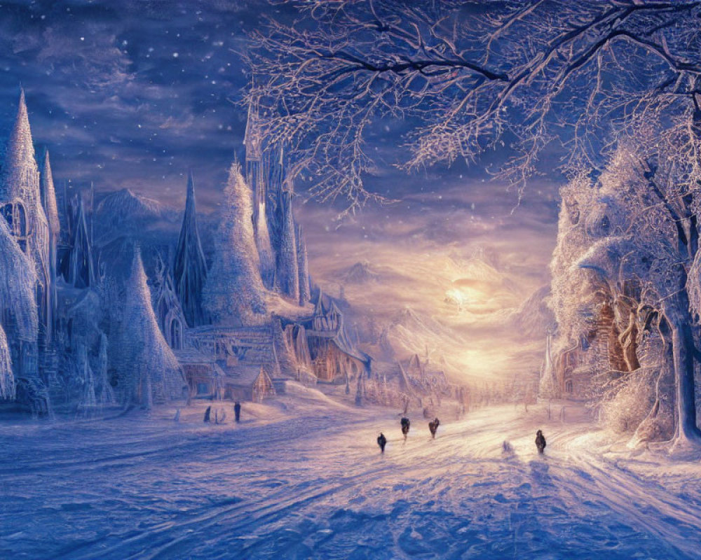 Snowy forest path in twilight with walking figures