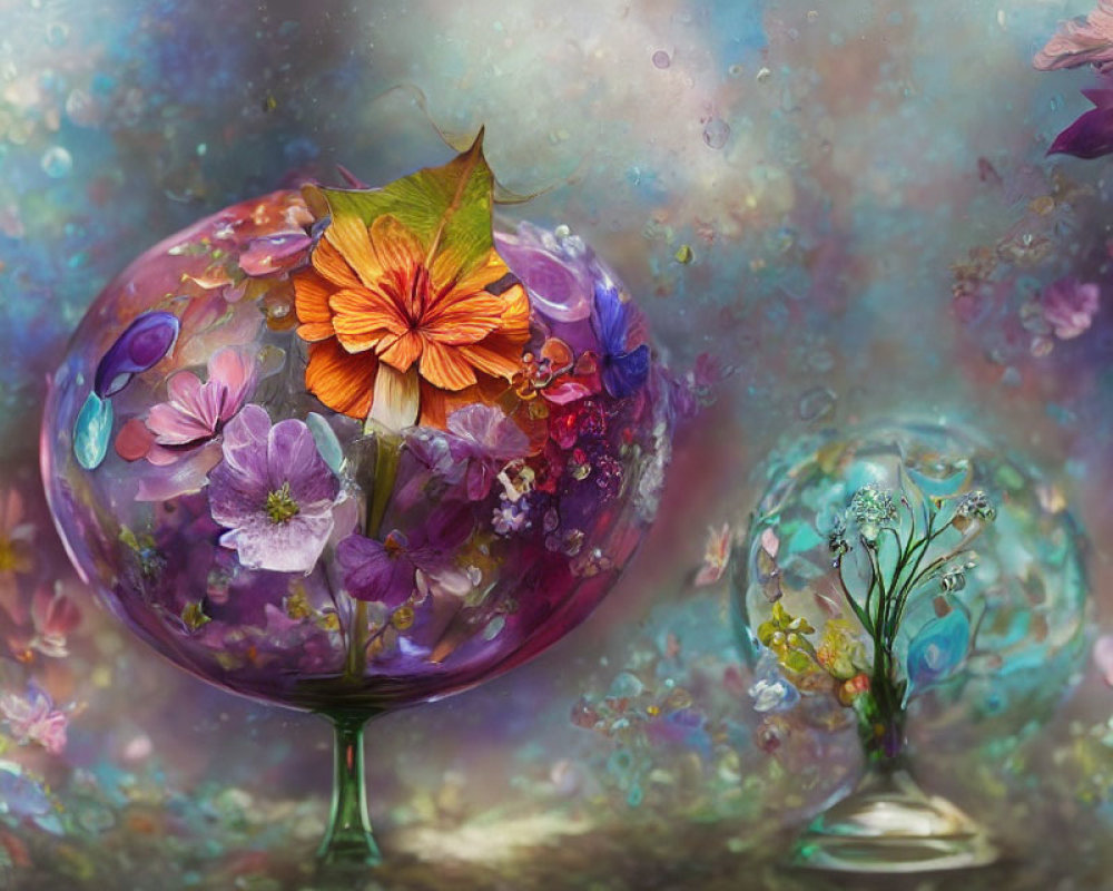 Colorful fantasy artwork featuring flowers in translucent spheres on dreamy backdrop