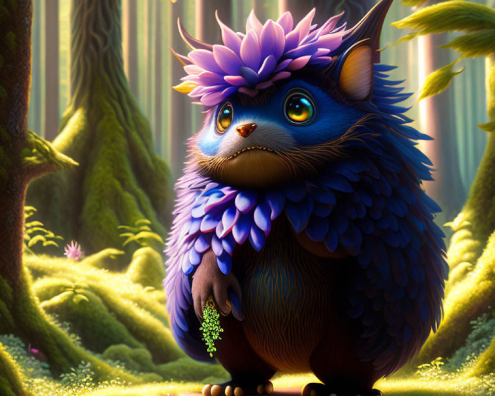 Blue fluffy creature with purple crest in enchanted forest with glowing butterflies