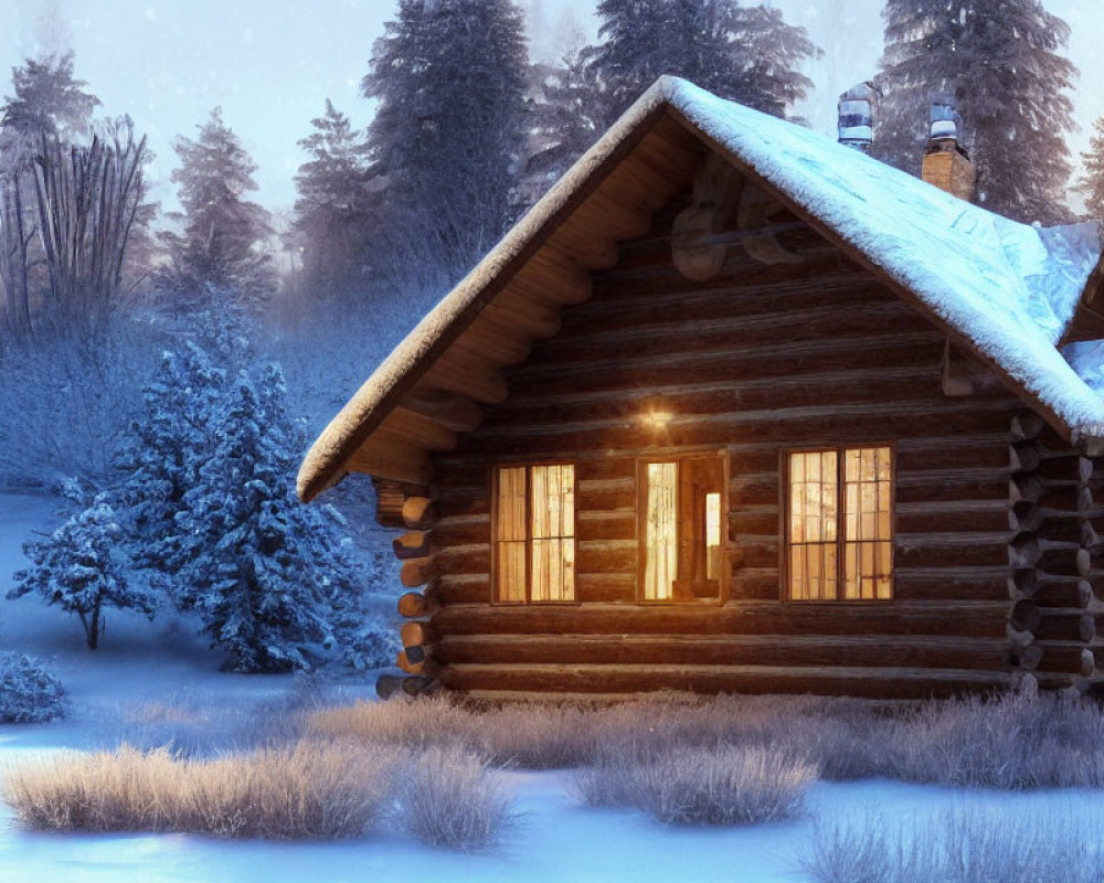 Snow-covered log cabin in twilight surrounded by glowing windows and serene winter scenery.