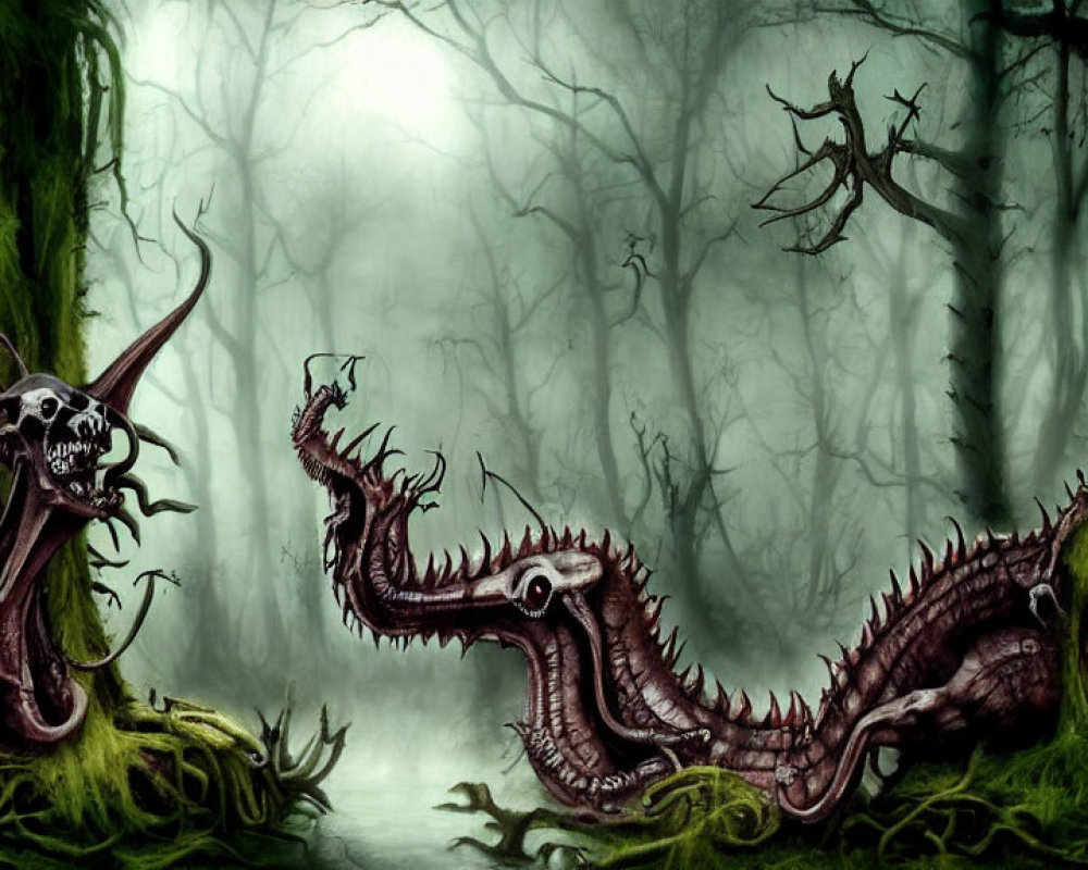 Sinister serpent-like creatures in foggy forest with twisted trees