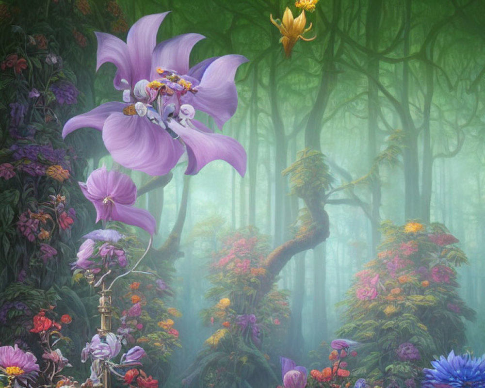 Enchanted forest with oversized colorful flowers and misty ambiance