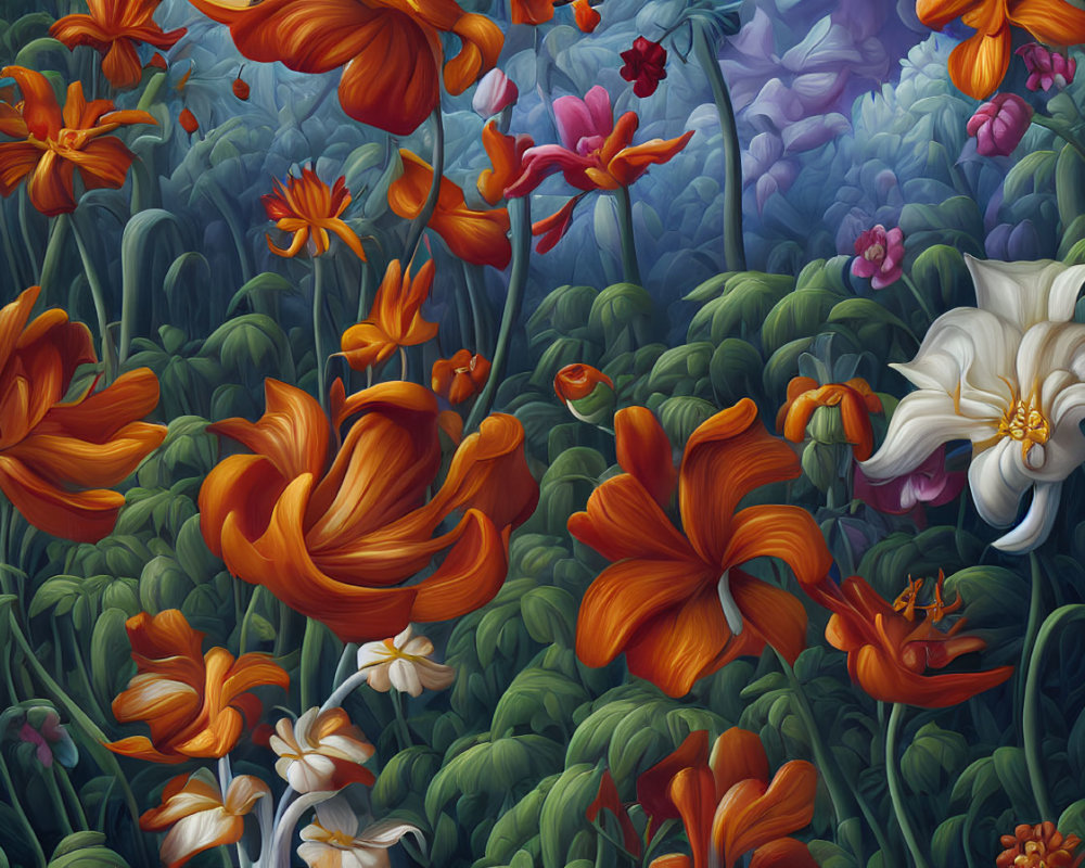 Detailed digital illustration of flourishing garden with orange and white flowers