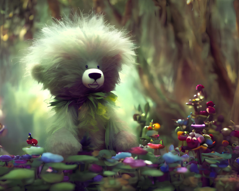 Colorful fantasy forest scene with fluffy teddy bear and green bow tie