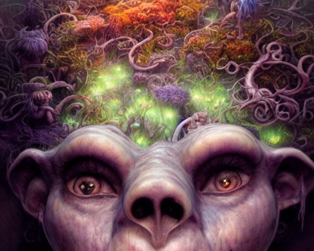 Large Primate's Face in Surreal Forest Scene