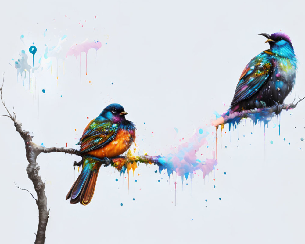 Colorful Birds with Splatter Paint Effect Perched on Branches