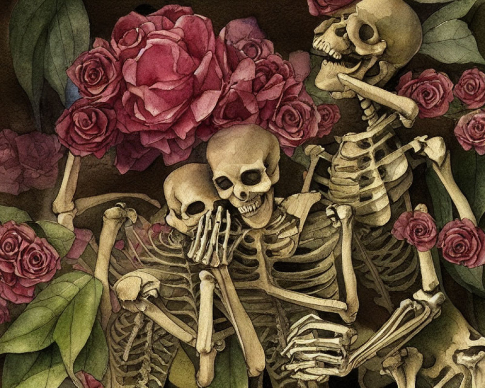 Skeletons Embracing Among Pink Roses on Earth-Toned Background