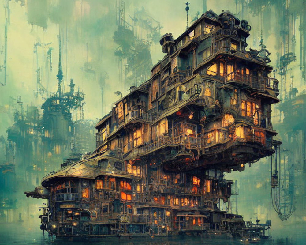 Floating cyberpunk-style structure with neon lights in futuristic cityscape.