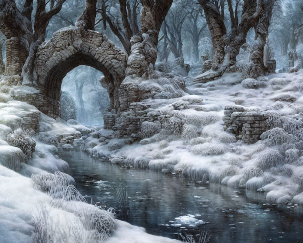 Snow-covered forest with ancient stone bridge over tranquil stream