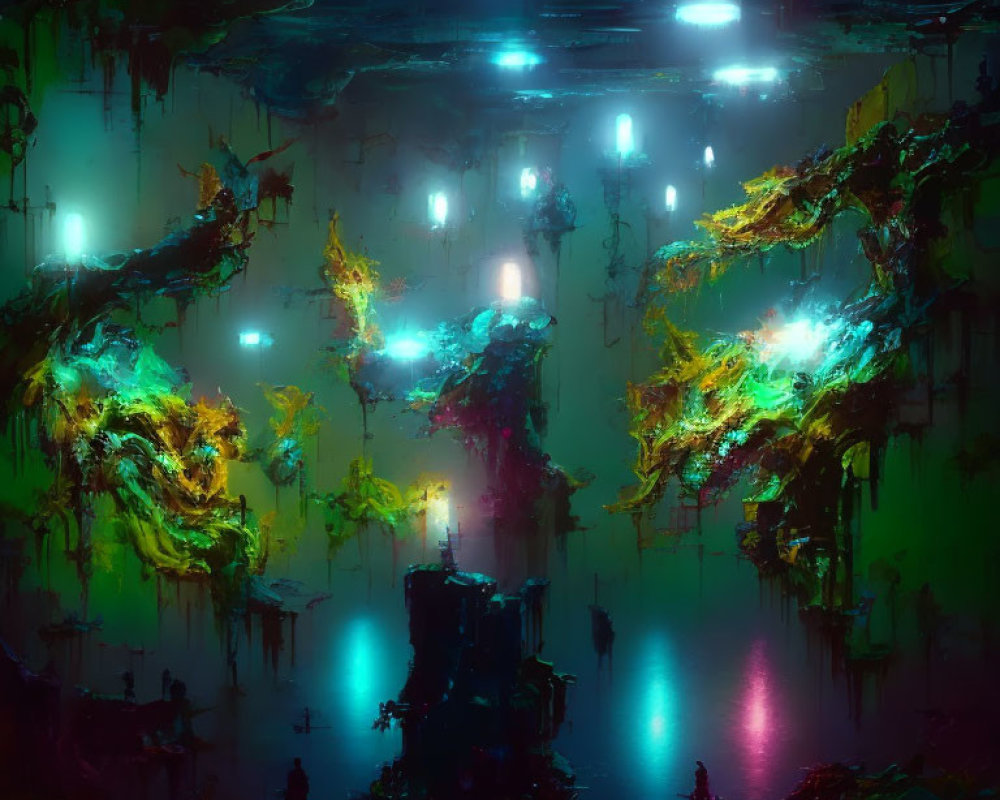 Underwater Scene with Floating Islands and Bioluminescent Flora