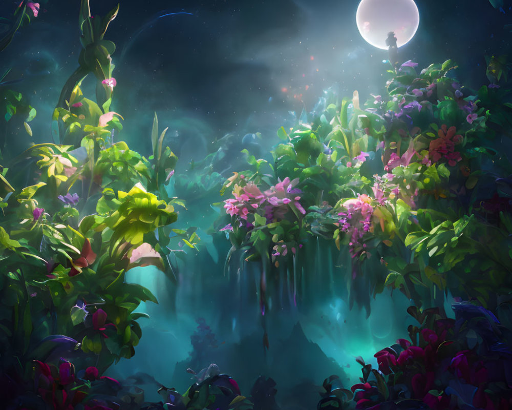 Enchanting night scene with lush flora, person in bubble, starry sky, and full moon