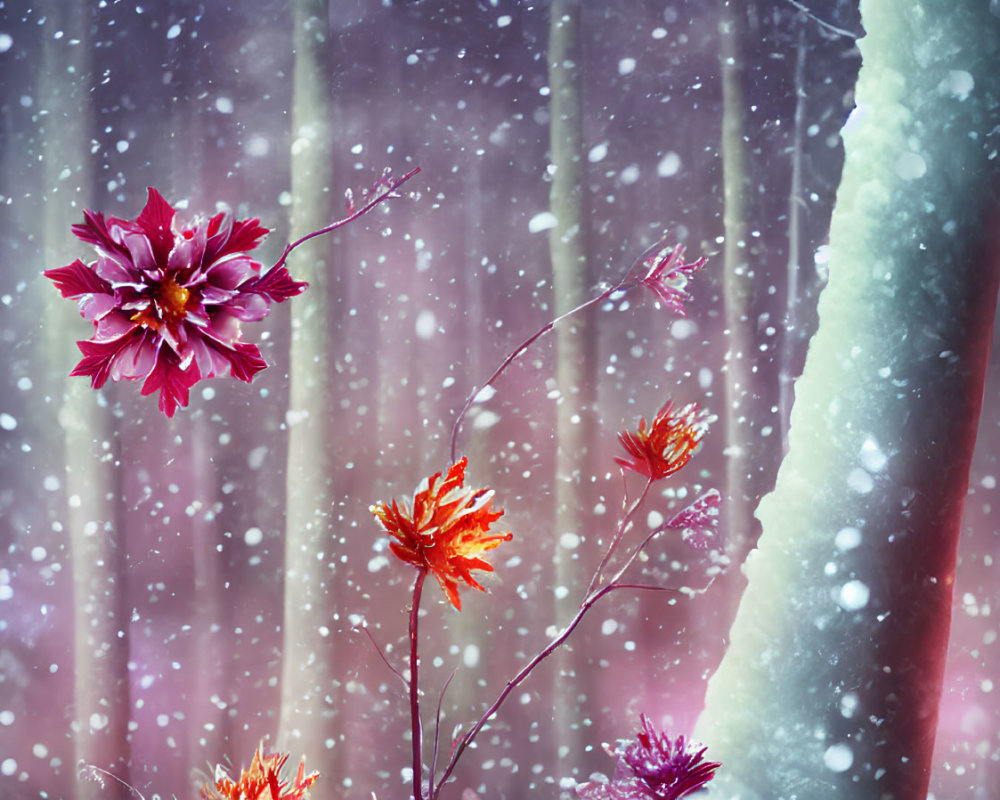 Colorful flowers bloom amidst falling snow and icy columns for a striking contrast