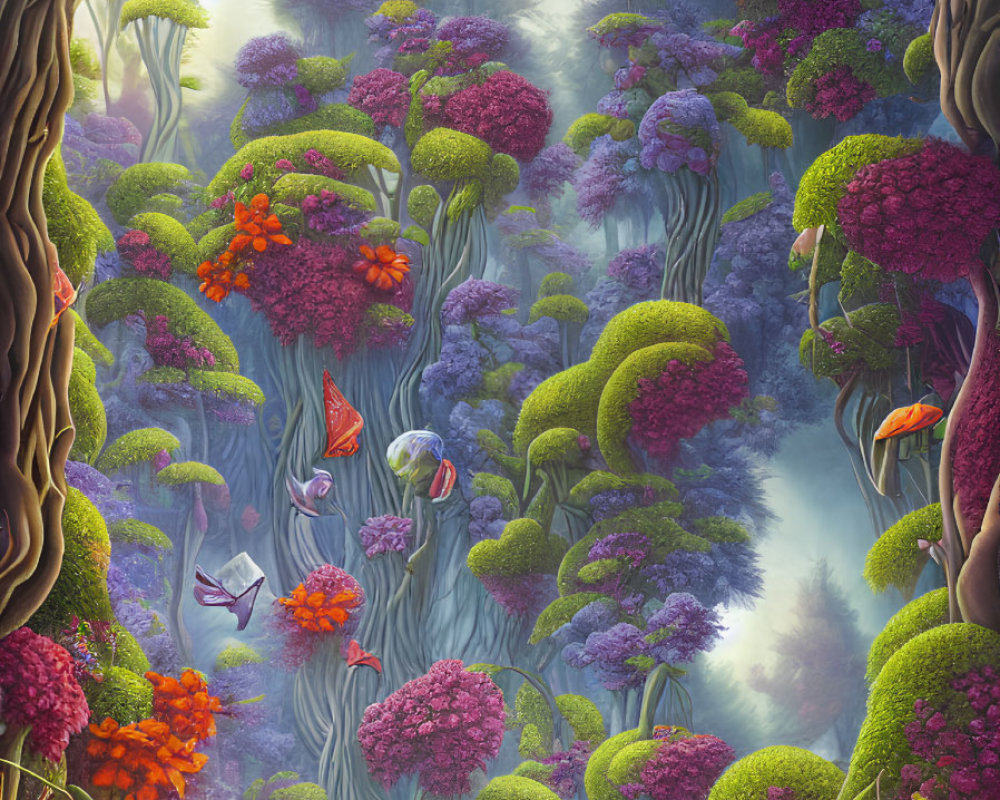 Colorful Fantastical Forest with Floating Islands and Butterflies