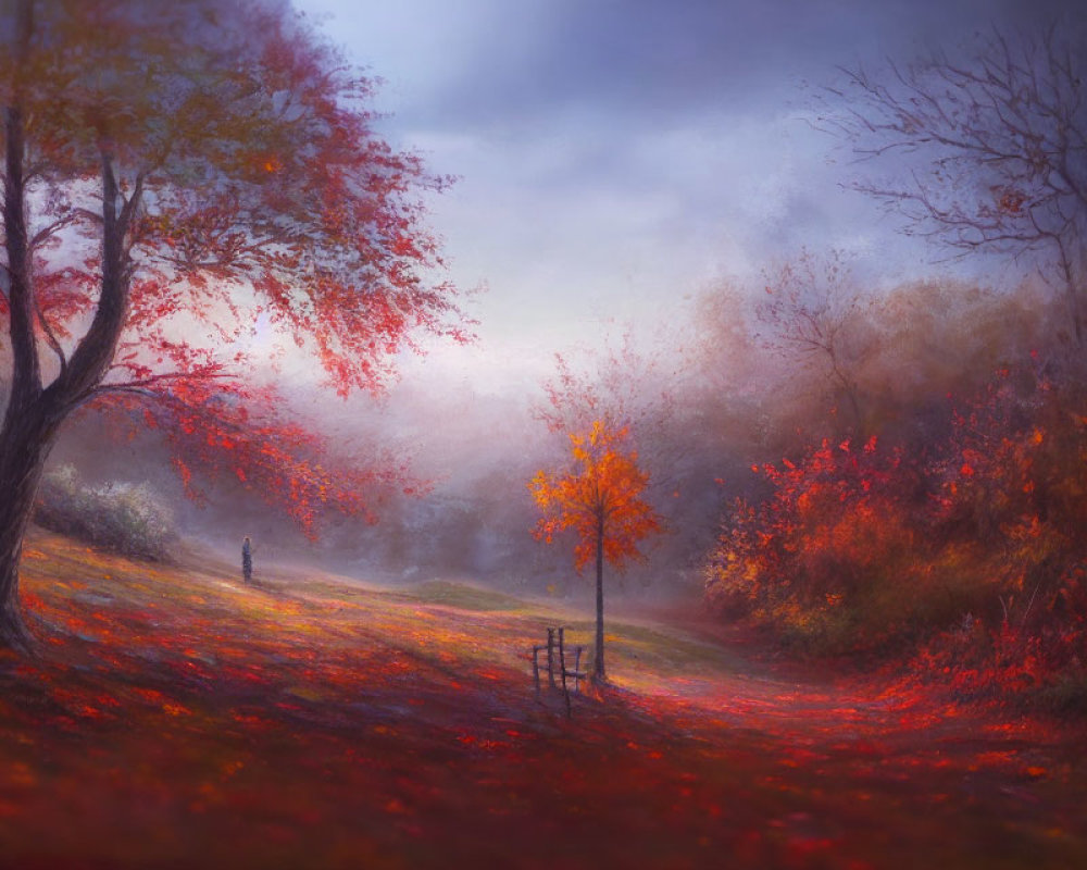 Misty autumn landscape with red and orange foliage and lone figure walking