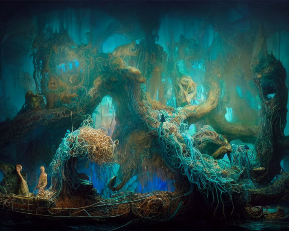 Luminous forest with twisted trees and figures in a boat