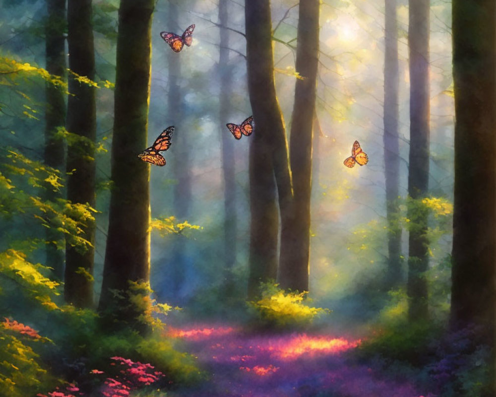 Enchanting forest scene with sunlight, butterflies, and vibrant foliage