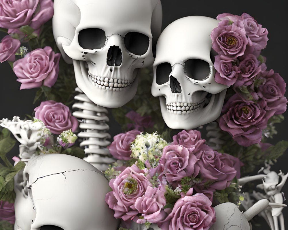 Human skulls with purple and white flowers on dark background