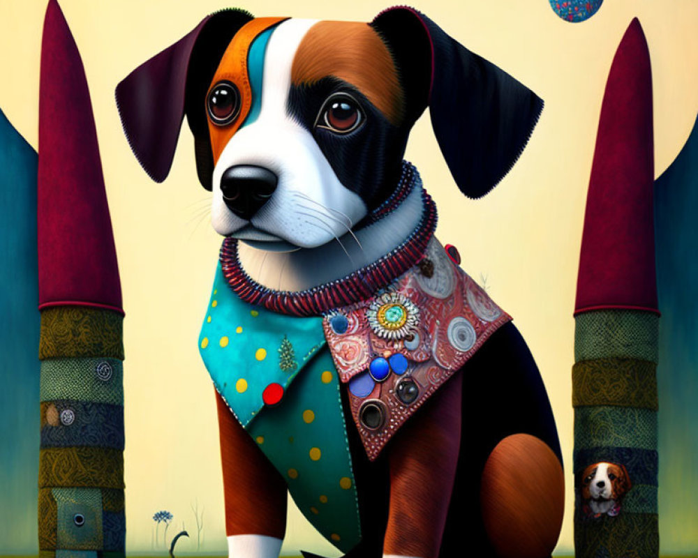 Colorful digital artwork: Stylized beagle puppy with patchwork collar in abstract tree setting